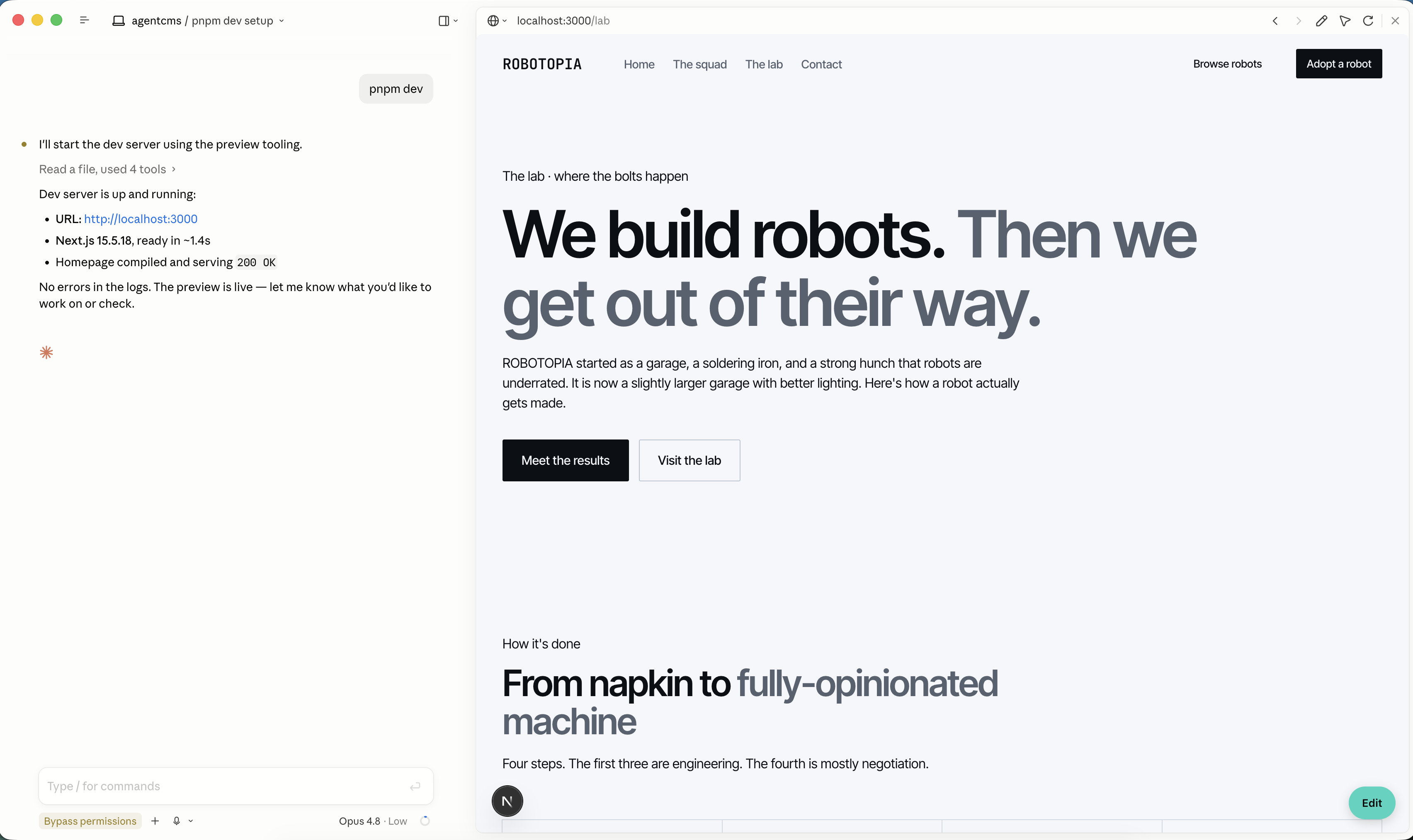 The agntcms demo running locally — home page, blog, docs, and contact